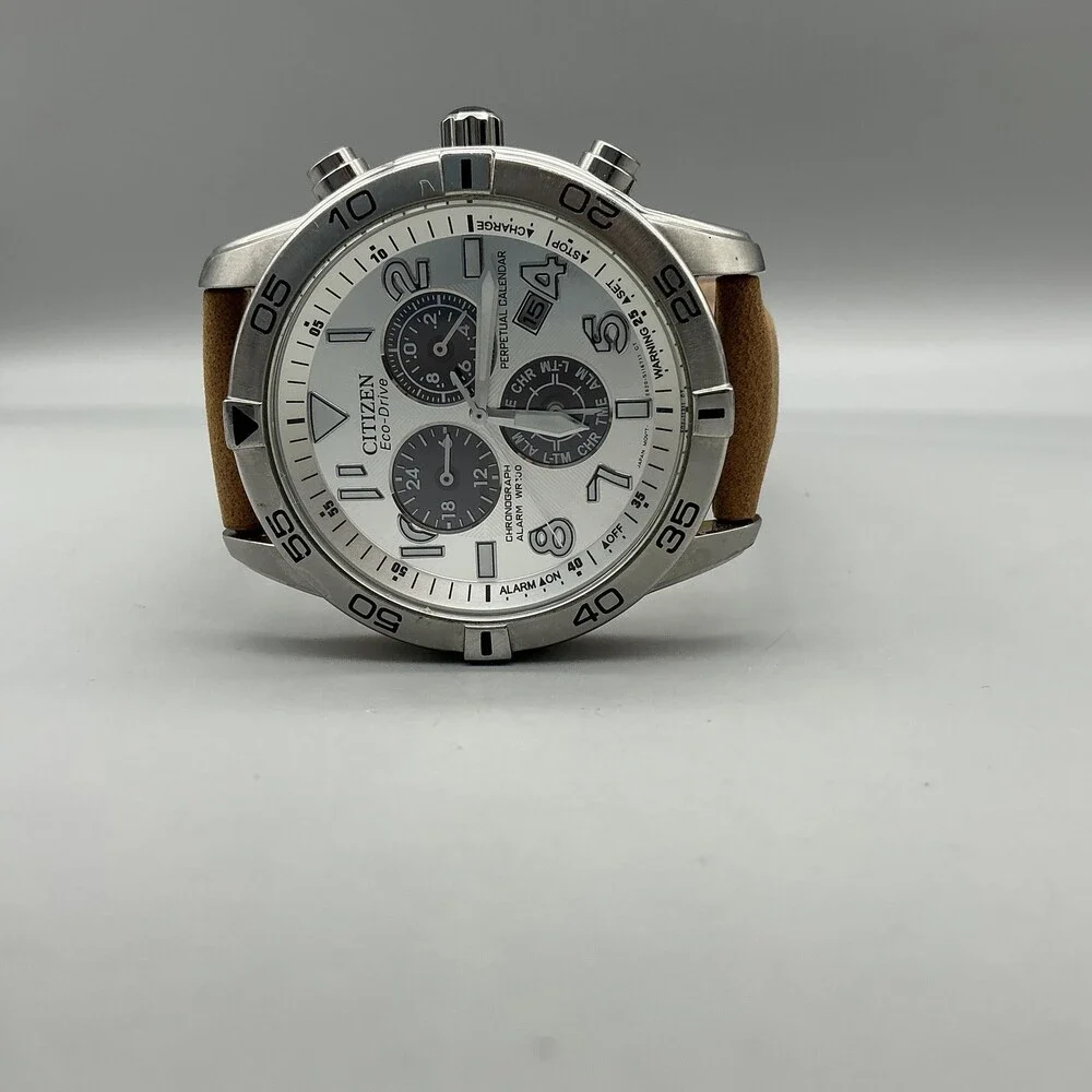 Citizen Eco-Drive Brycen Mens Watch 43mm Silver Tone Brown Leather Chronograph